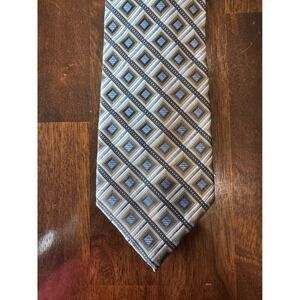 Platinum Designs Mens Silk Necktie Blue Grey Tan Geometric Square Hand Made 2141